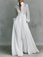 Veronica | Maxi Minimalist in Cotton and Linen with Patchwork, High Collar and Long Sleeves