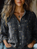 Night Sky And Star Pattern Printed Women's Casual Long Sleeve Comfortable Cotton Shirt