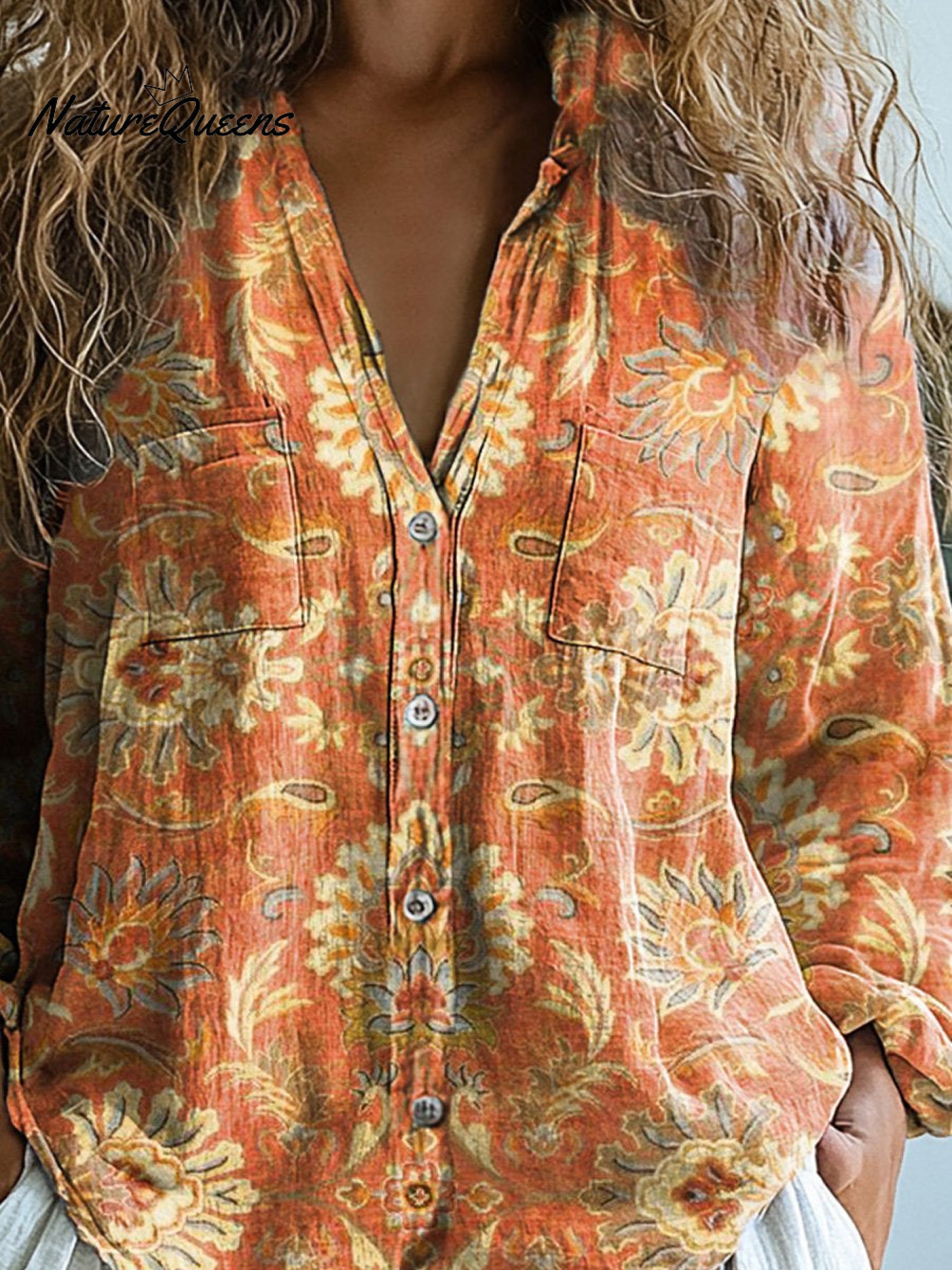 Women's Vintage Lovely Floral Art Print Casual Long Sleeve Comfortable Cotton Shirt