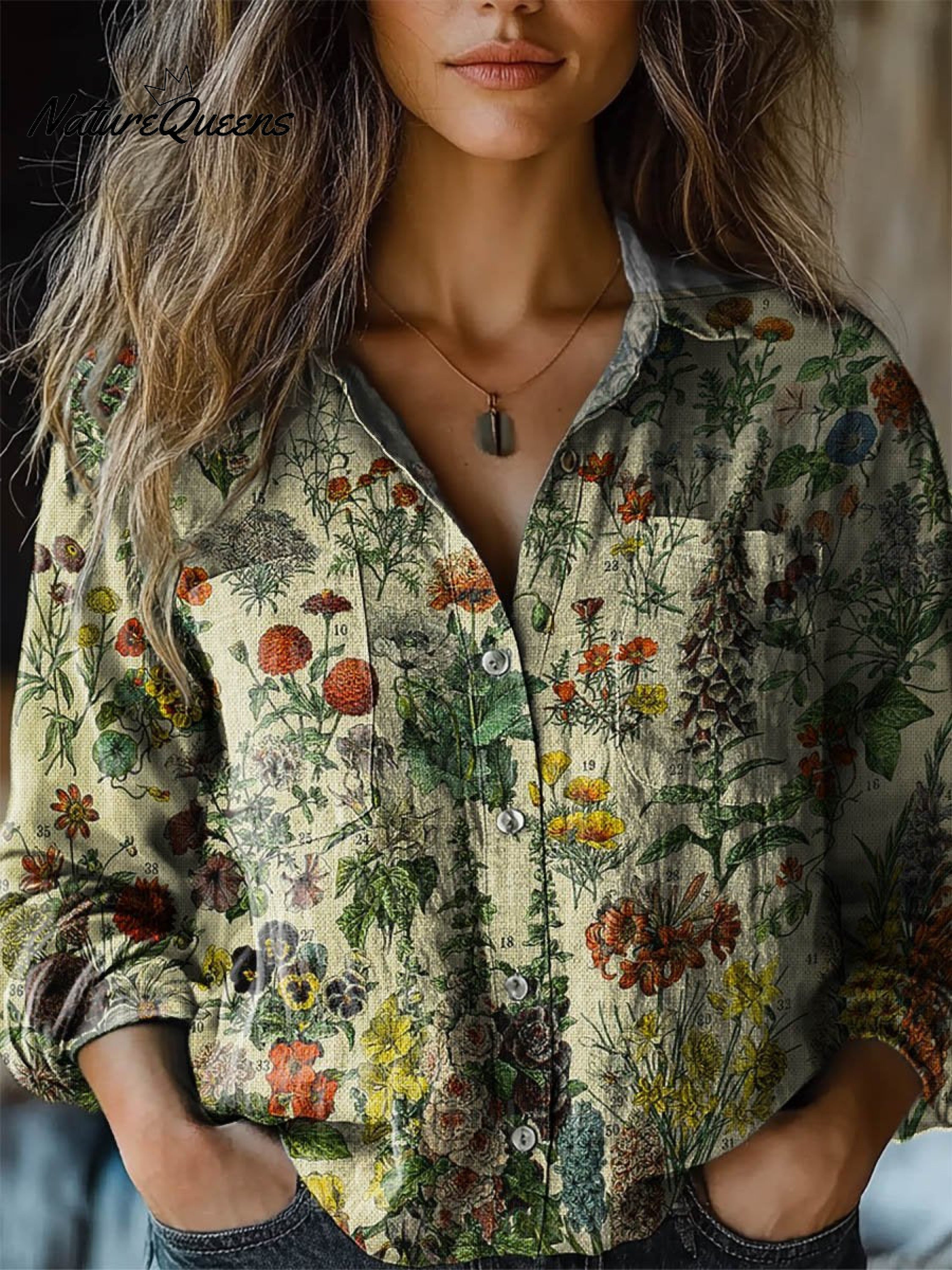 Women's Vintage Lovely Floral Art Print Casual Long Sleeve Comfortable Cotton Shirt