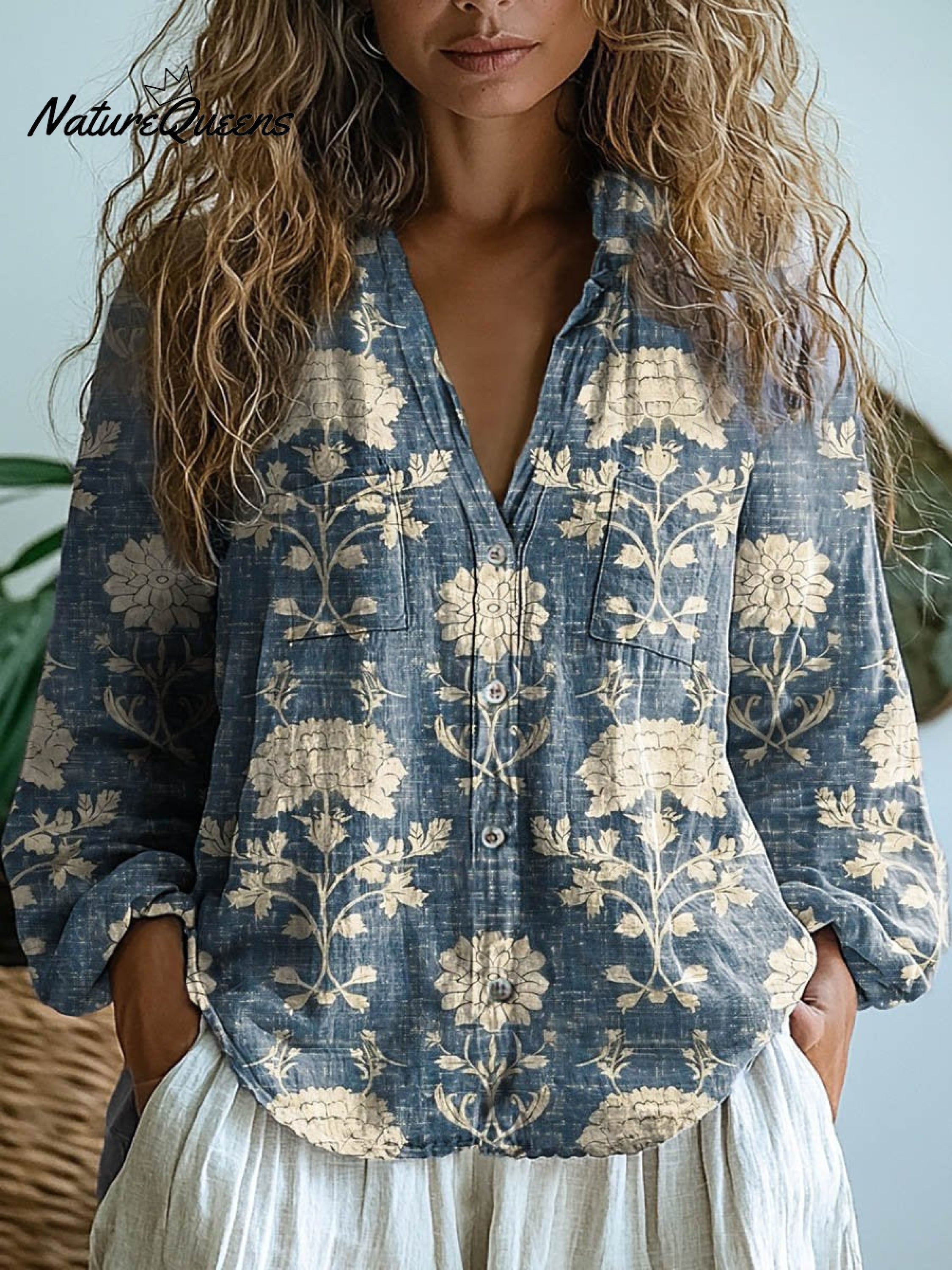 Women's Vintage Lovely Floral Art Print Casual Long Sleeve Comfortable Cotton Shirt