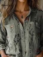 Vintage Style Spring Floral Pattern Printed Women's Casual Long Sleeve Comfortable Cotton Shirt